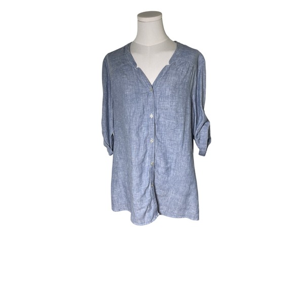 Jones New York Linen Tunic Shirt Blue Button Front Roll Tab Sleeve Top L - Picture 1 of 7